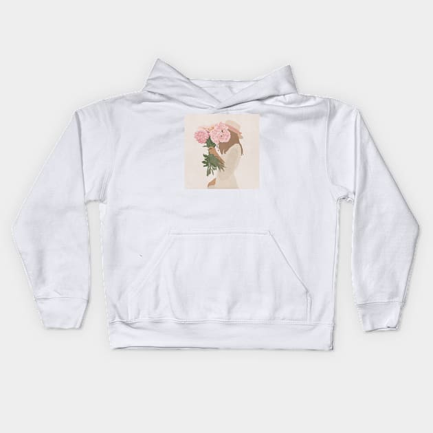 Girl in hat with flowers peonies Kids Hoodie by JulyPrints